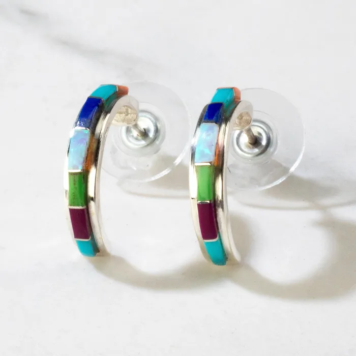 Kalifano Multi Gem Semi Hoop USA Handmade 925 Sterling Silver Earring with Stud Backing Earrings Kalifano Multi Gem Semi Hoop USA Handmade 925 Sterling Silver Earring with Stud Backing Earrings