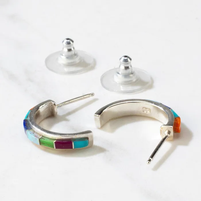 Kalifano Multi Gem Semi Hoop USA Handmade 925 Sterling Silver Earring with Stud Backing Earrings