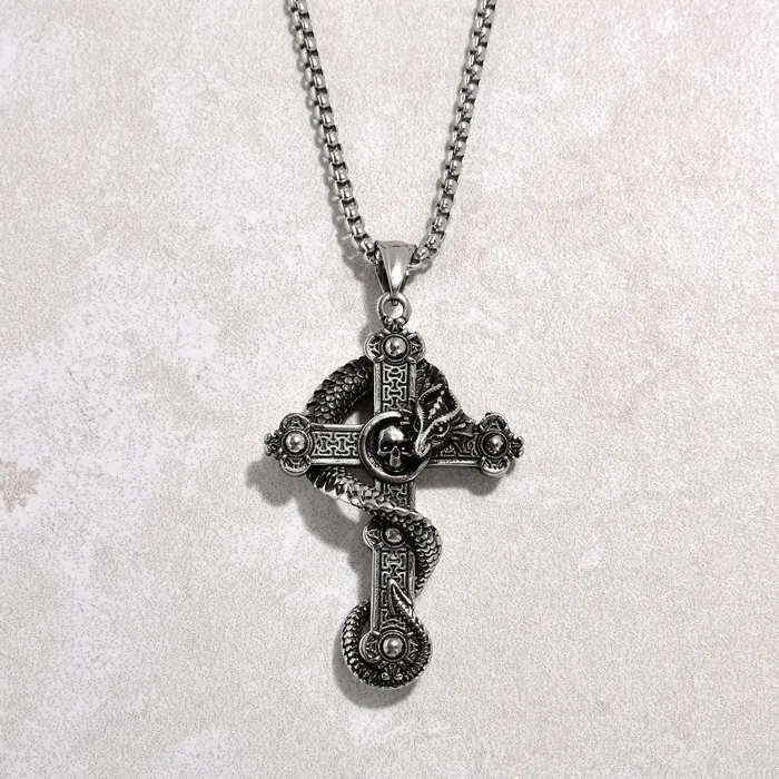 Kalifano Necklaces Silver Dragon Cross Steel Hearts Necklace