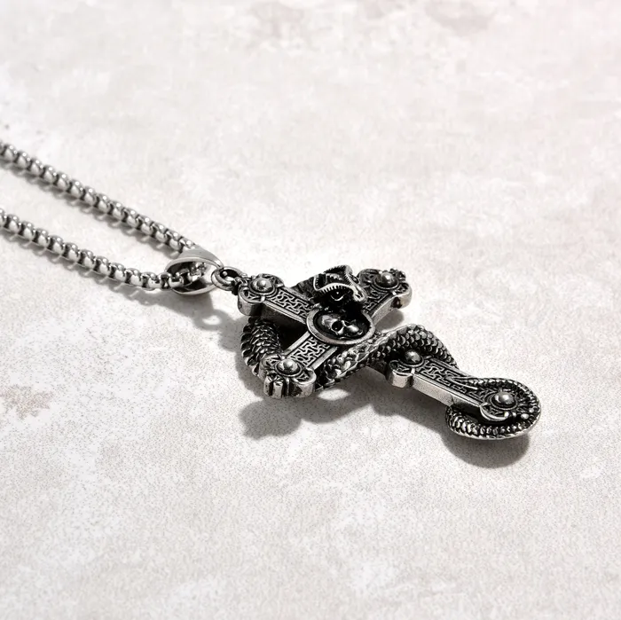 Kalifano Necklaces Silver Dragon Cross Steel Hearts Necklace