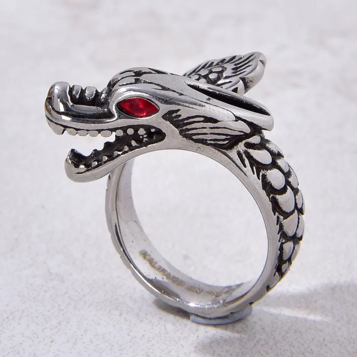Kalifano Rings Silver Dragon Steel Hearts Ring