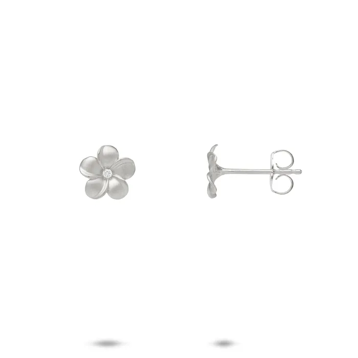 Maui Divers Jewelry Earrings Plumeria Earrings in White Gold with Diamonds 8mm