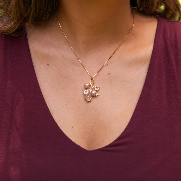 Maui Divers Jewelry Necklaces Pearls in Bloom Plumeria Freshwater Pearl Pendant in Tri Color Gold with Diamonds 36mm
