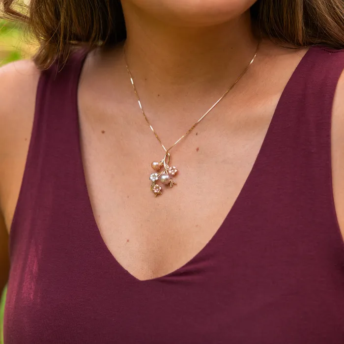 Maui Divers Jewelry Necklaces Pearls in Bloom Plumeria Freshwater Pearl Pendant in Tri Color Gold with Diamonds 36mm