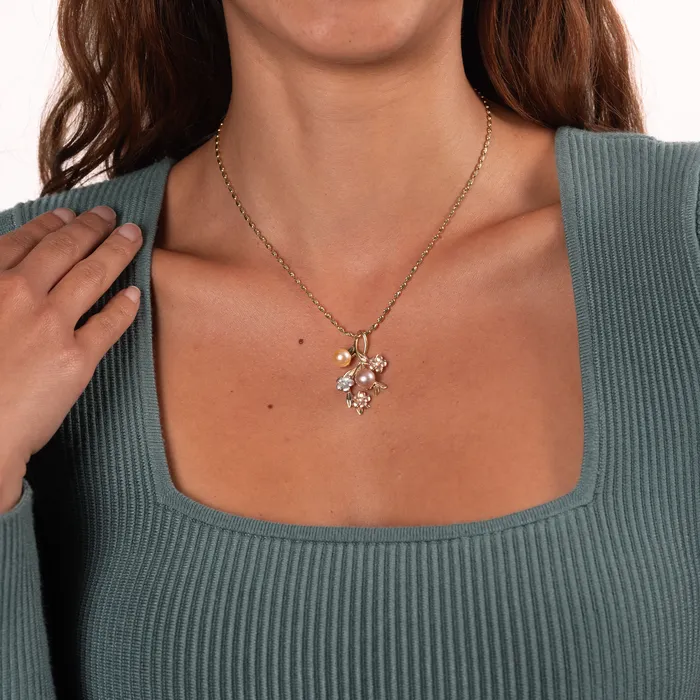 Maui Divers Jewelry Necklaces Pearls in Bloom Plumeria Freshwater Pearl Pendant in Tri Color Gold with Diamonds 36mm