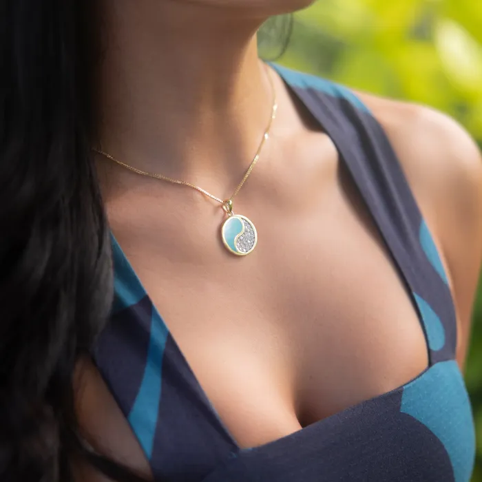Maui Divers Jewelry Necklaces Yin Yang Turquoise Pendant in Gold with Diamonds 22mm