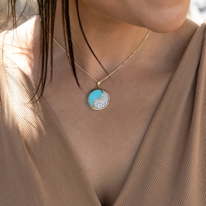 Maui Divers Jewelry Necklaces Yin Yang Turquoise Pendant in Gold with Diamonds 22mm