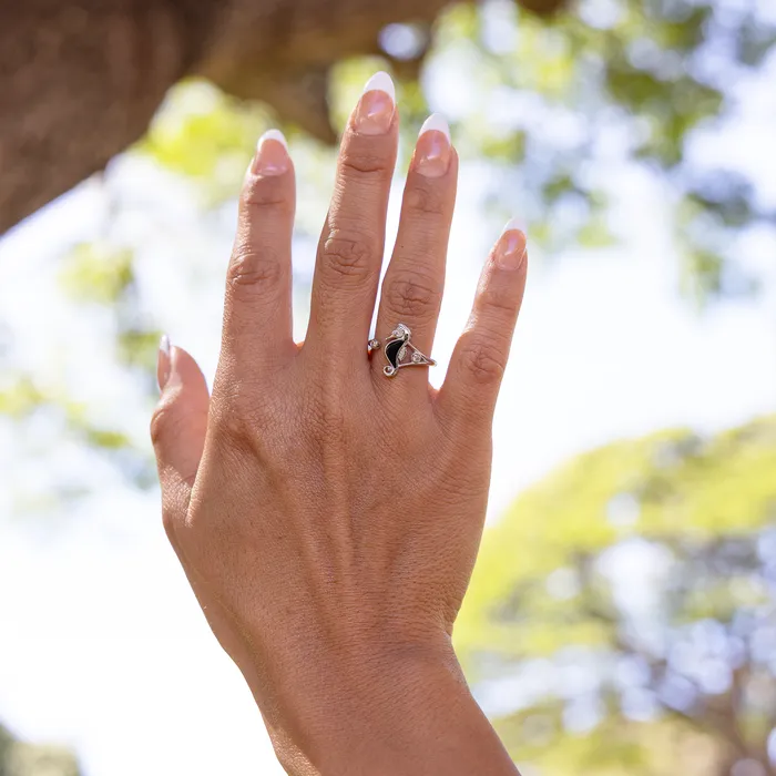 Maui Divers Jewelry Sealife Seahorse Black Coral Ring in White Gold with Diamonds 15mm Rings