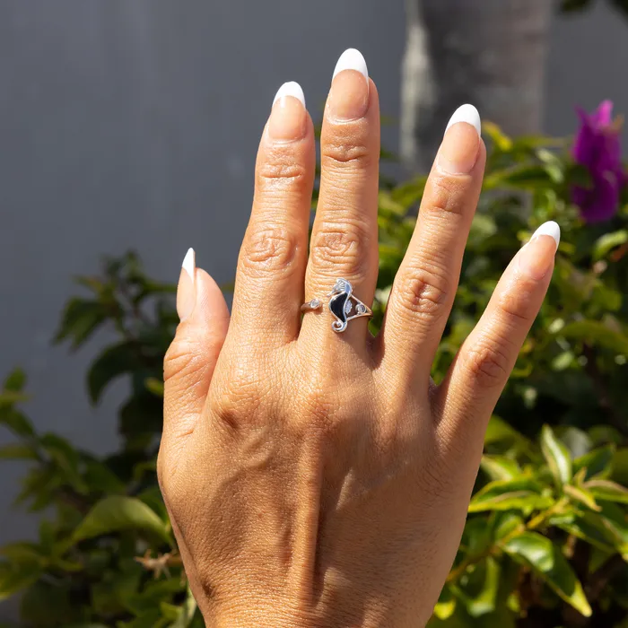 Maui Divers Jewelry Sealife Seahorse Black Coral Ring in White Gold with Diamonds 15mm Rings