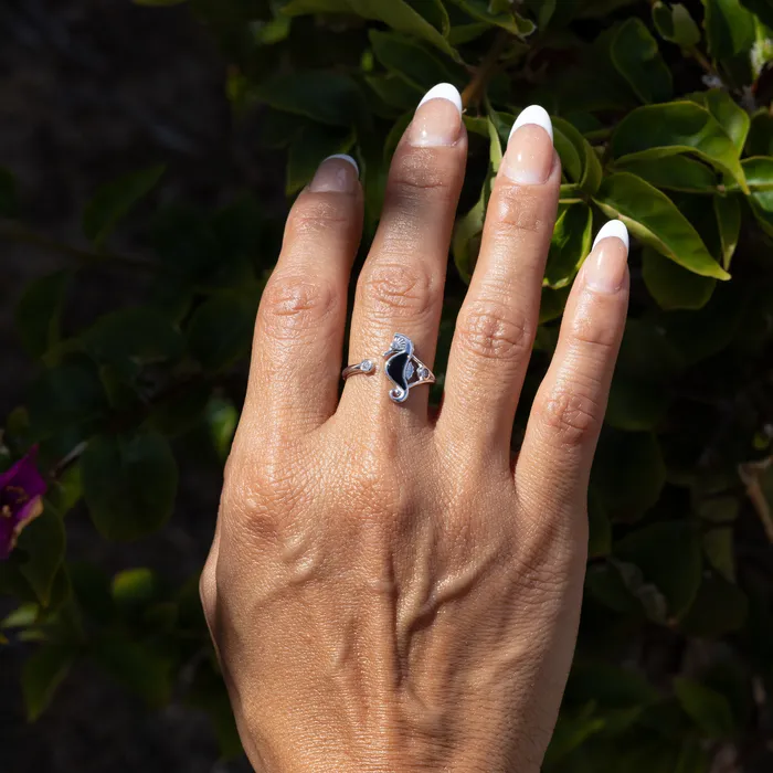 Maui Divers Jewelry Sealife Seahorse Black Coral Ring in White Gold with Diamonds 15mm Rings