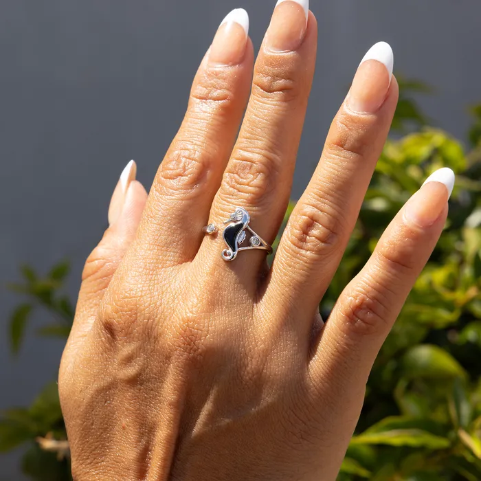 Maui Divers Jewelry Sealife Seahorse Black Coral Ring in White Gold with Diamonds 15mm Rings
