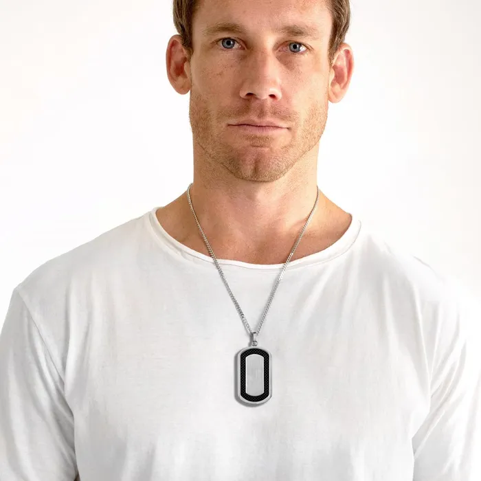 Mens Black Carbon Fiber Frame Brushed Steel Dog Tag Necklace Invicta Jewelry Necklaces