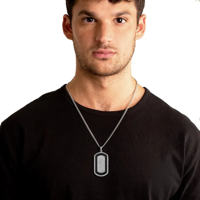Mens Black Carbon Fiber Frame Brushed Steel Dog Tag Necklace Invicta Jewelry Necklaces