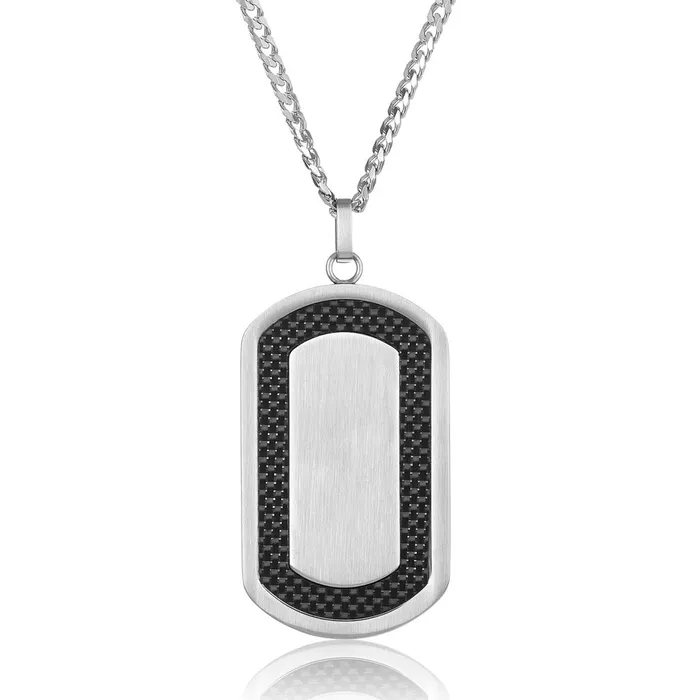 Mens Black Carbon Fiber Frame Brushed Steel Dog Tag Necklace Invicta Jewelry Necklaces