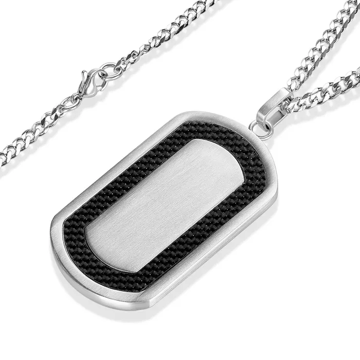 Mens Black Carbon Fiber Frame Brushed Steel Dog Tag Necklace Invicta Jewelry Necklaces