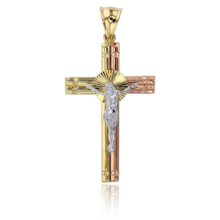 Necklaces 14K Gold Tricolor 66x33mm Cross Pendant DecadenceJewelry