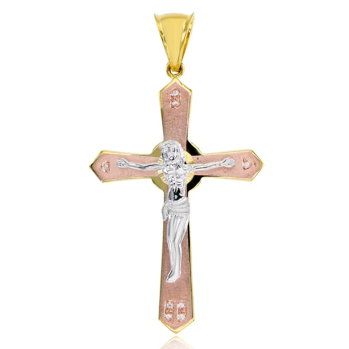 Necklaces DecadenceJewelry 14K Tricolor Gold 67X37mm Jesus Satin Cross Pendant Necklaces DecadenceJewelry 14K Tricolor Gold 67X37mm Jesus Satin Cross Pendant