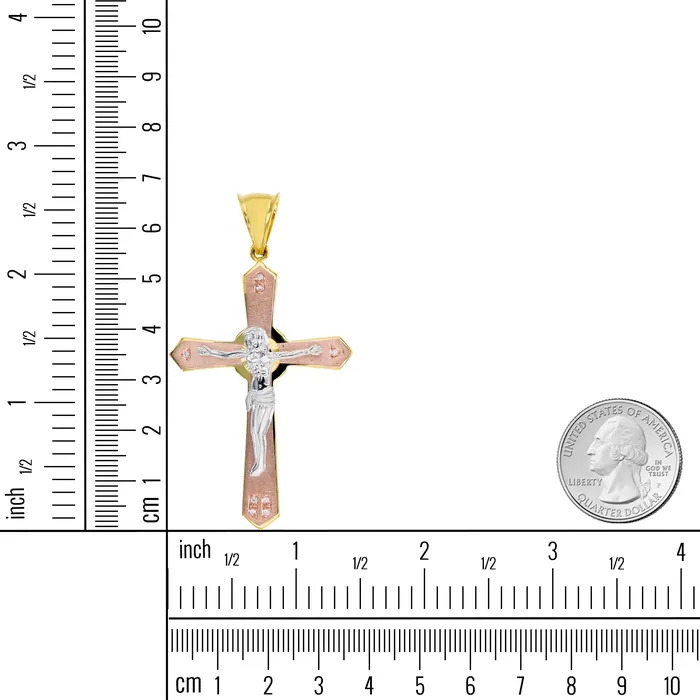 Necklaces DecadenceJewelry 14K Tricolor Gold 67X37mm Jesus Satin Cross Pendant Necklaces DecadenceJewelry 14K Tricolor Gold 67X37mm Jesus Satin Cross Pendant