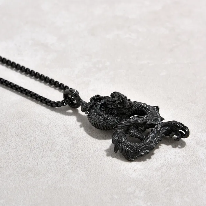 Necklaces Kalifano Black Gun Metal Dragon Steel Hearts Necklace