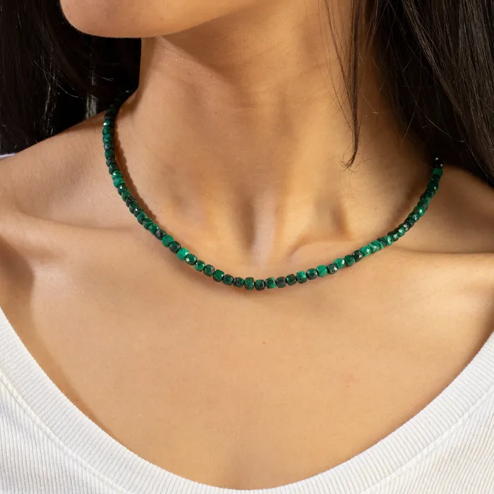 Necklaces KALIFANO Natural Malachite Faceted 4mm Barrel 16 Necklace with Sterling Silver Extender