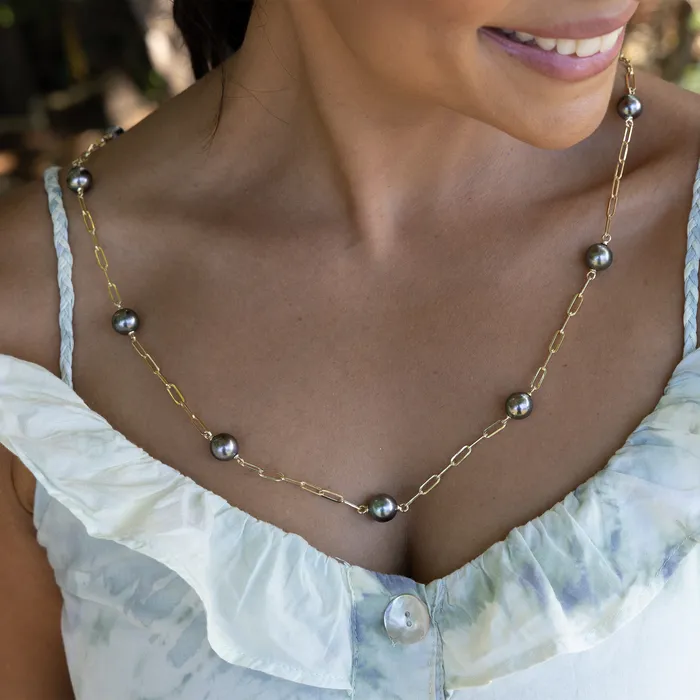 Necklaces Maui Divers Jewelry Adjustable 3435 Tahitian Black Pearl Paperclip Chain Necklace in Gold 1011mm