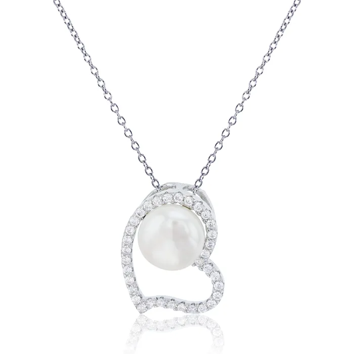 Necklaces Silver Sterling Silver Rhodium 8mm Freshwater Pearl Inside Micropave Cubic Zirconia Open Heart 18 Necklace Necklaces Silver Sterling Silver Rhodium 8mm Freshwater Pearl Inside Micropave Cubic Zirconia Open Heart 18 Necklace