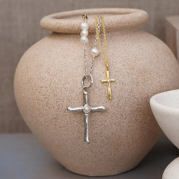 Necklaces Waxing Poetic Poetic Cross with Pearl Pendant Sterling Silver