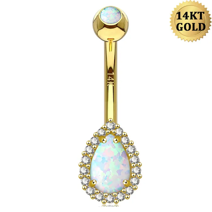 OUFER BODY JEWELRY Rings 14K Gold Opal Belly Button Ring CZ Paved 14G Belly Ring OUFER BODY JEWELRY Rings 14K Gold Opal Belly Button Ring CZ Paved 14G Belly Ring