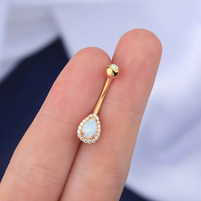 OUFER BODY JEWELRY Rings 14K Gold Opal Belly Button Ring CZ Paved 14G Belly Ring OUFER BODY JEWELRY Rings 14K Gold Opal Belly Button Ring CZ Paved 14G Belly Ring