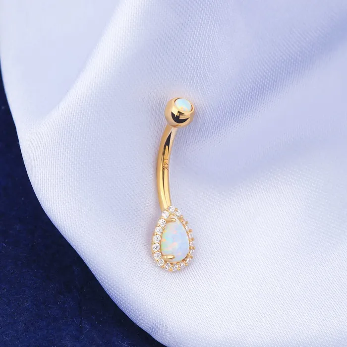 OUFER BODY JEWELRY Rings 14K Gold Opal Belly Button Ring CZ Paved 14G Belly Ring OUFER BODY JEWELRY Rings 14K Gold Opal Belly Button Ring CZ Paved 14G Belly Ring