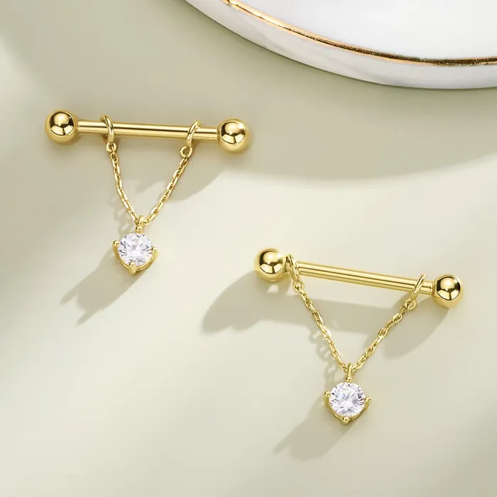 OUFER BODY JEWELRY Rings 2Pcs 14K Solid Gold Round CZ Removable Chain Style Dangle Nipple Ring OUFER BODY JEWELRY Rings 2Pcs 14K Solid Gold Round CZ Removable Chain Style Dangle Nipple Ring