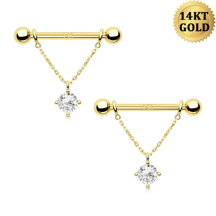 OUFER BODY JEWELRY Rings 2Pcs 14K Solid Gold Round CZ Removable Chain Style Dangle Nipple Ring
