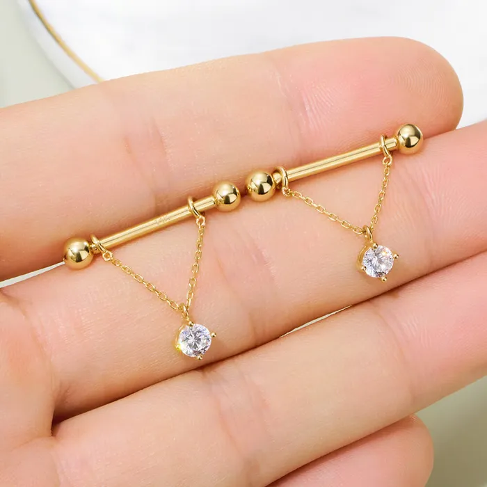 OUFER BODY JEWELRY Rings 2Pcs 14K Solid Gold Round CZ Removable Chain Style Dangle Nipple Ring