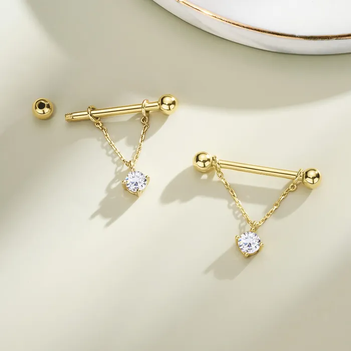 OUFER BODY JEWELRY Rings 2Pcs 14K Solid Gold Round CZ Removable Chain Style Dangle Nipple Ring