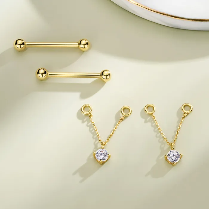 OUFER BODY JEWELRY Rings 2Pcs 14K Solid Gold Round CZ Removable Chain Style Dangle Nipple Ring