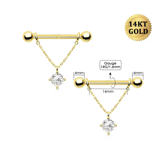 OUFER BODY JEWELRY Rings 2Pcs 14K Solid Gold Round CZ Removable Chain Style Dangle Nipple Ring