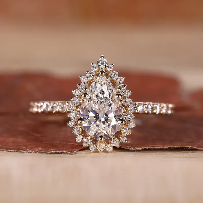 Pear Halo Engagement Ring Yellow Gold Diamondrensu Rings