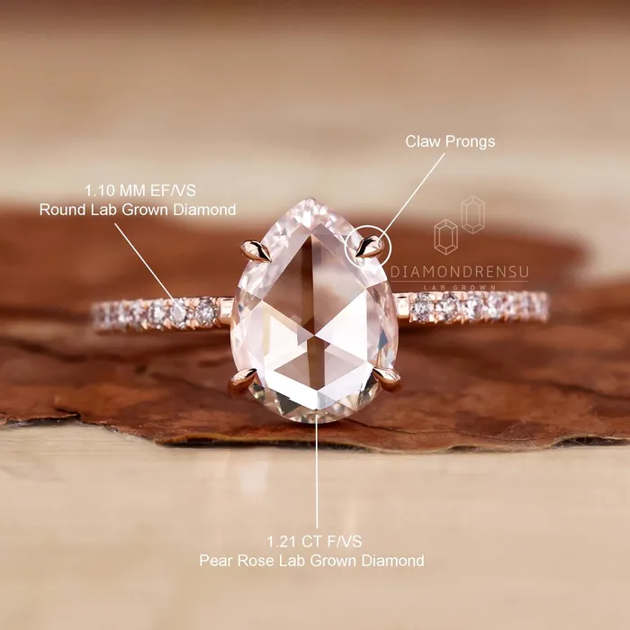 Pear Rose Cut Lab Created Diamond Pave Engagement Ring Diamondrensu Rings Pear Rose Cut Lab Created Diamond Pave Engagement Ring Diamondrensu Rings