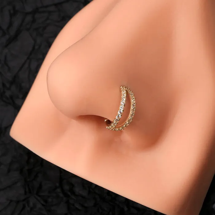 Rings 14K Gold 18G Double Row CZ Nose Ring OUFER BODY JEWELRY