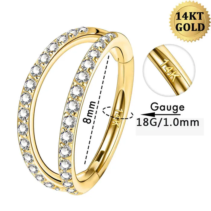 Rings 14K Gold 18G Double Row CZ Nose Ring OUFER BODY JEWELRY