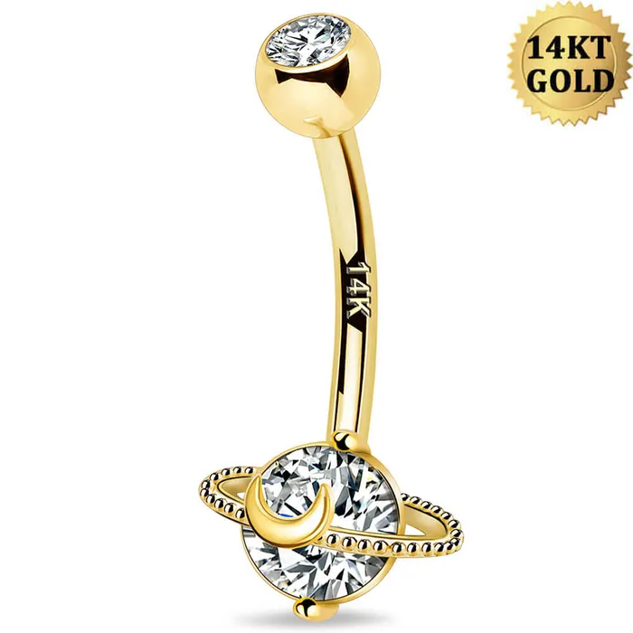 Rings 14K Gold Belly Ring Planet Clear CZ 14G Belly Button Ring OUFER BODY JEWELRY Rings 14K Gold Belly Ring Planet Clear CZ 14G Belly Button Ring OUFER BODY JEWELRY