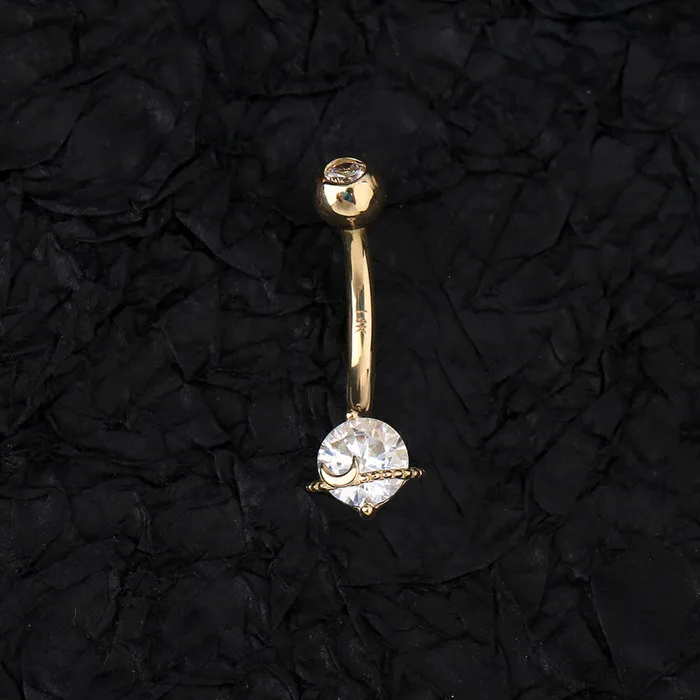 Rings 14K Gold Belly Ring Planet Clear CZ 14G Belly Button Ring OUFER BODY JEWELRY