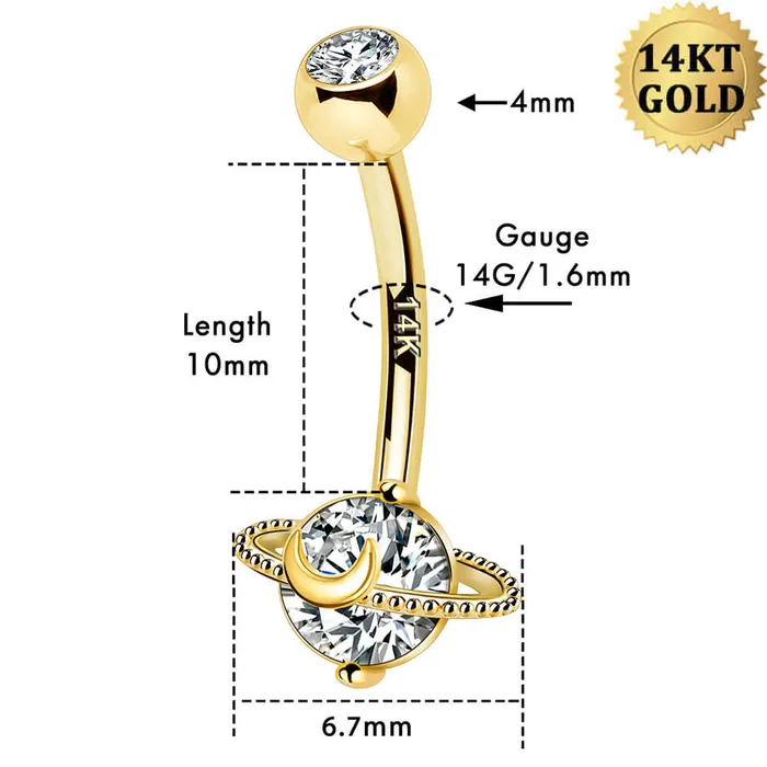 Rings 14K Gold Belly Ring Planet Clear CZ 14G Belly Button Ring OUFER BODY JEWELRY