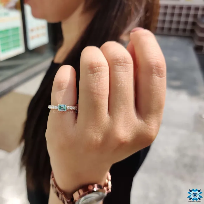 Rings Diamondrensu 082 TCW East To West Cyan Blue Emerald Moissanite Pave Set Engagement Ring Rings Diamondrensu 082 TCW East To West Cyan Blue Emerald Moissanite Pave Set Engagement Ring