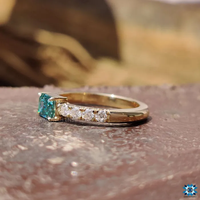 Rings Diamondrensu 082 TCW East To West Cyan Blue Emerald Moissanite Pave Set Engagement Ring Rings Diamondrensu 082 TCW East To West Cyan Blue Emerald Moissanite Pave Set Engagement Ring