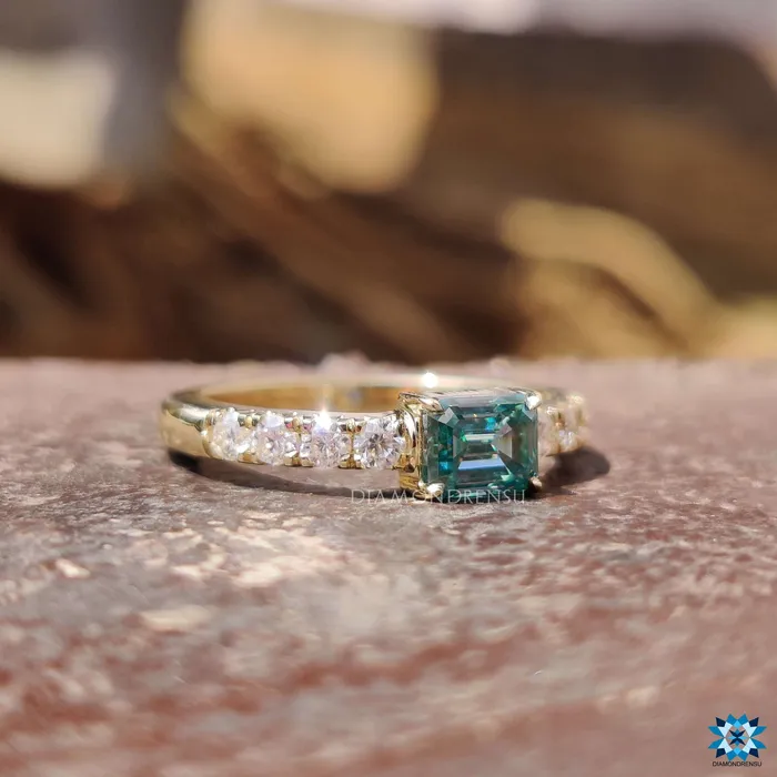 Rings Diamondrensu 082 TCW East To West Cyan Blue Emerald Moissanite Pave Set Engagement Ring Rings Diamondrensu 082 TCW East To West Cyan Blue Emerald Moissanite Pave Set Engagement Ring
