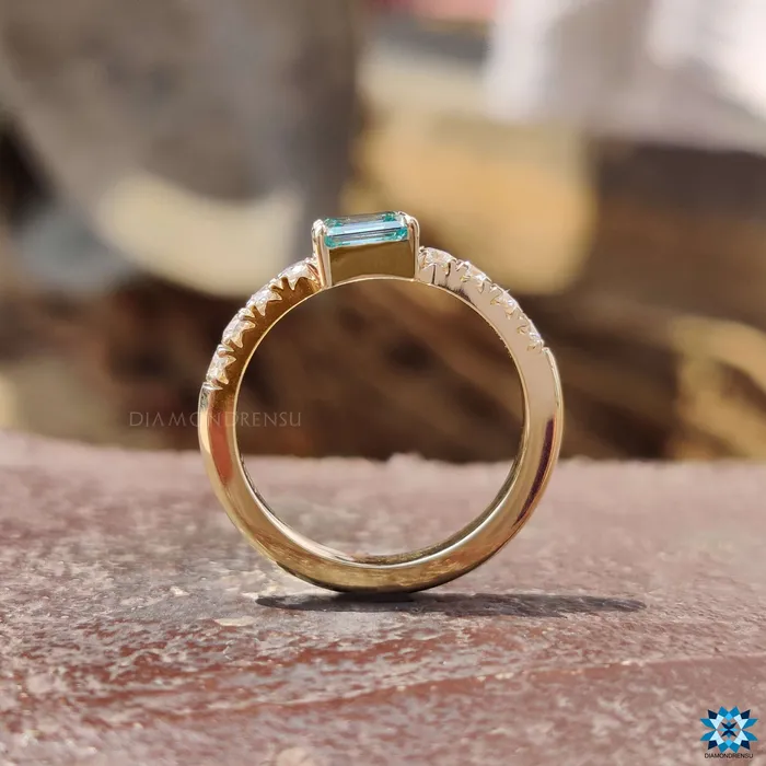 Rings Diamondrensu 082 TCW East To West Cyan Blue Emerald Moissanite Pave Set Engagement Ring Rings Diamondrensu 082 TCW East To West Cyan Blue Emerald Moissanite Pave Set Engagement Ring