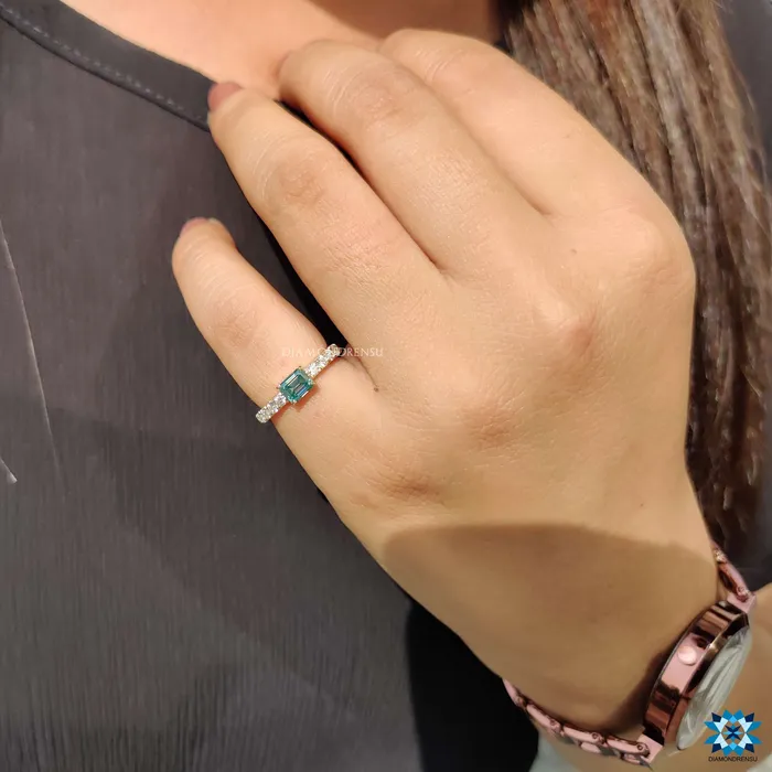 Rings Diamondrensu 082 TCW East To West Cyan Blue Emerald Moissanite Pave Set Engagement Ring Rings Diamondrensu 082 TCW East To West Cyan Blue Emerald Moissanite Pave Set Engagement Ring