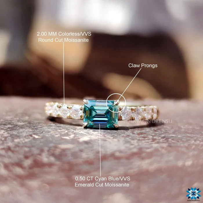 Rings Diamondrensu 082 TCW East To West Cyan Blue Emerald Moissanite Pave Set Engagement Ring Rings Diamondrensu 082 TCW East To West Cyan Blue Emerald Moissanite Pave Set Engagement Ring