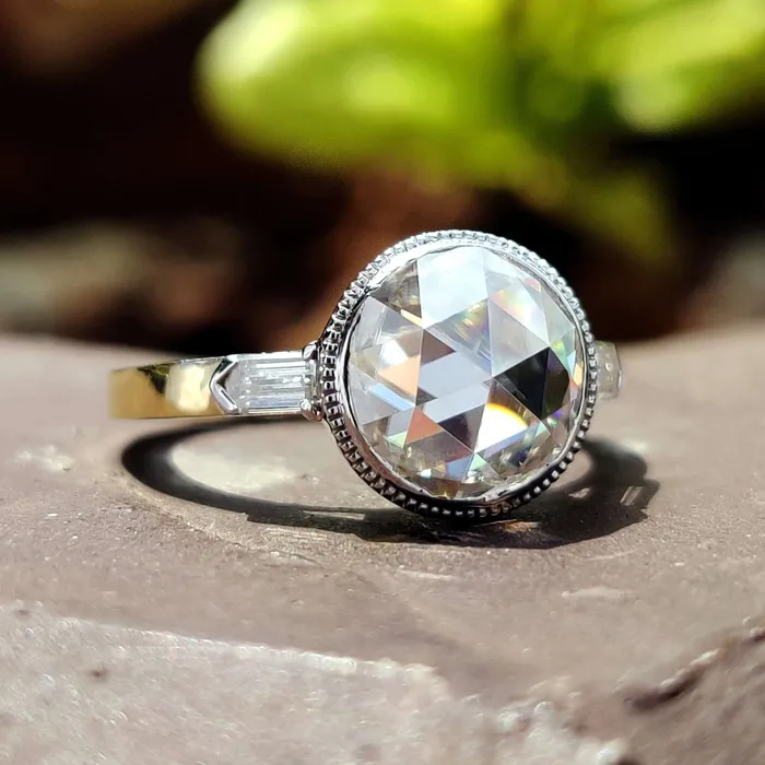 Rings Diamondrensu 217 TW Round Rose Cut and Bullet Cut Three Stones Engagement Ring Rings Diamondrensu 217 TW Round Rose Cut and Bullet Cut Three Stones Engagement Ring